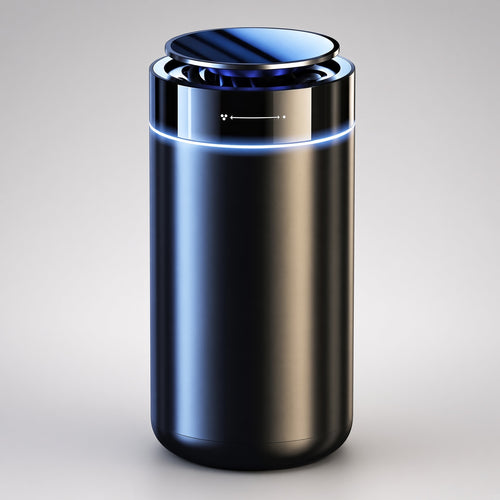 A sleek, cylindrical metallic device with a brushed silver and dark blue finish, featuring a glowing blue light band and a circular top lid, shown on a neutral light gray background.