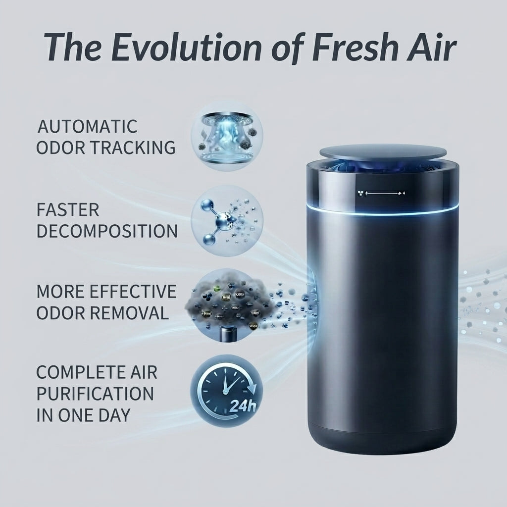 A dark gray cylindrical air purifier shown on a light gray background with marketing text and feature callouts: automatic odor tracking, faster decomposition, more effective odor removal, and complete air purification in one day.