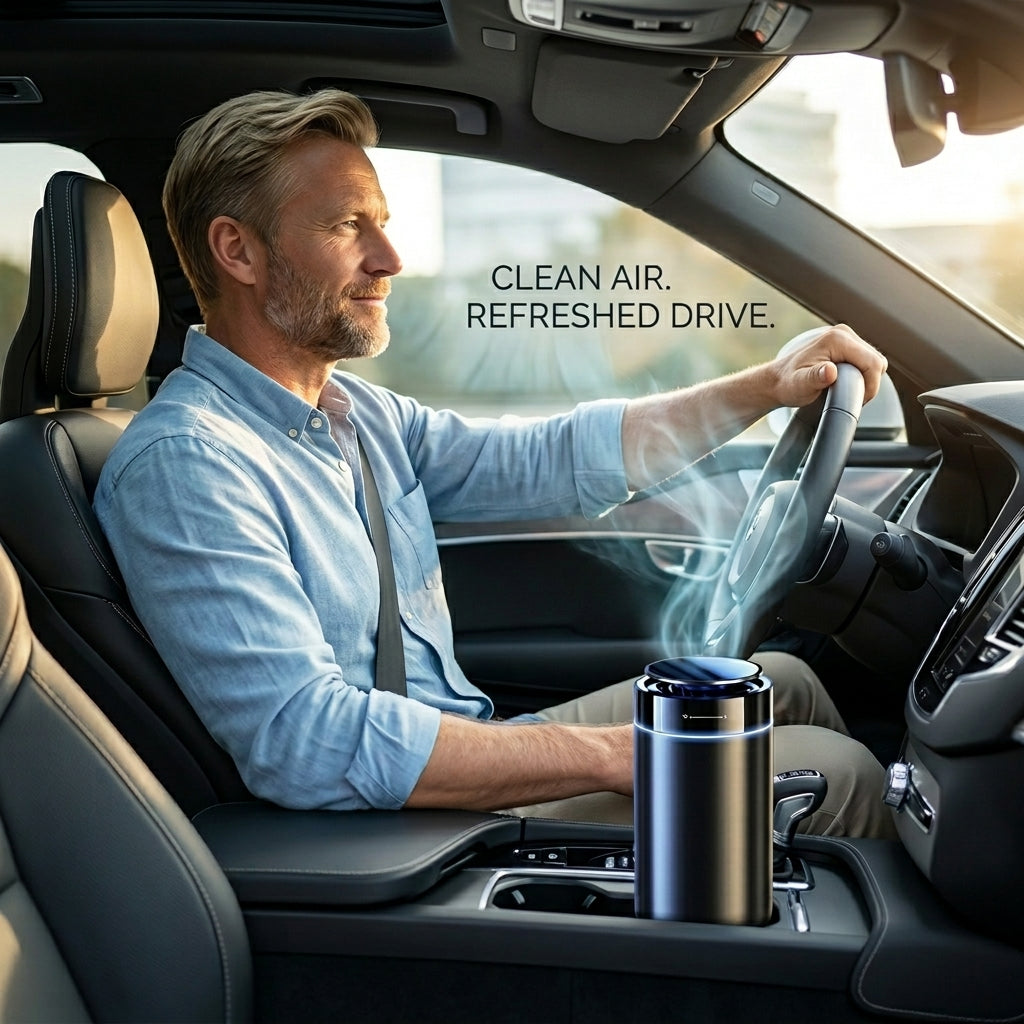 A man driving a car with a sleek, dark metallic travel tumbler with a blue lid resting on the center console. The image features a text overlay that reads 'CLEAN AIR.